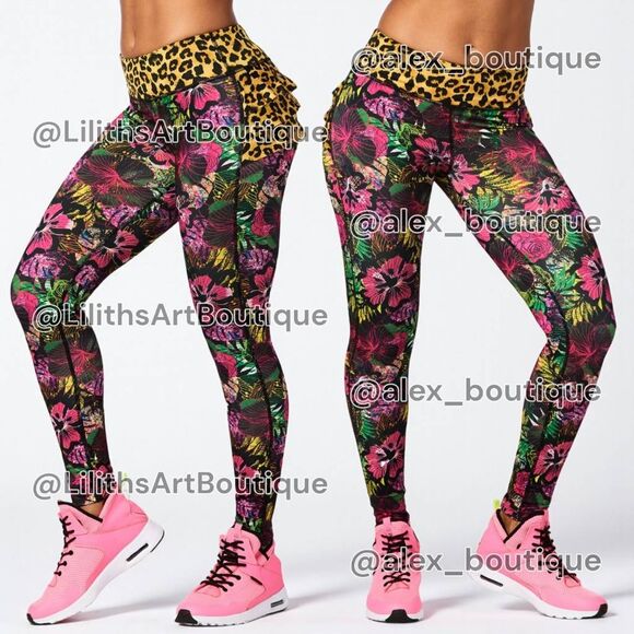 Zumba La Pachanga Ruffle Floral/Leopard Print Leggings Size L (E109) - Picture 1 of 7